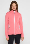Rosa Fleecejacke mit hohem Kragen, durchgehendem Reißverschluss vorne und zwei seitlichen Reißverschlusstaschen. Mit weißem Reißverschluss und elastischen Bündchen.