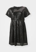 Schwarzes Paillettenkleid mit kurzen Ärmeln, V-Ausschnitt, taillierter Taille und lockerer Passform. Der glänzende Stoff erzeugt einen reflektierenden Effekt.