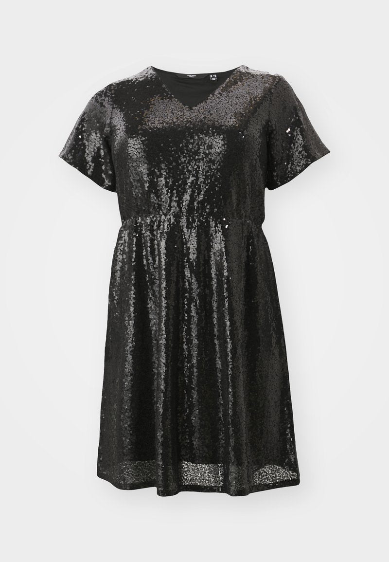Schwarzes Paillettenkleid mit kurzen Ärmeln, V-Ausschnitt, taillierter Taille und lockerer Passform. Der glänzende Stoff erzeugt einen reflektierenden Effekt.