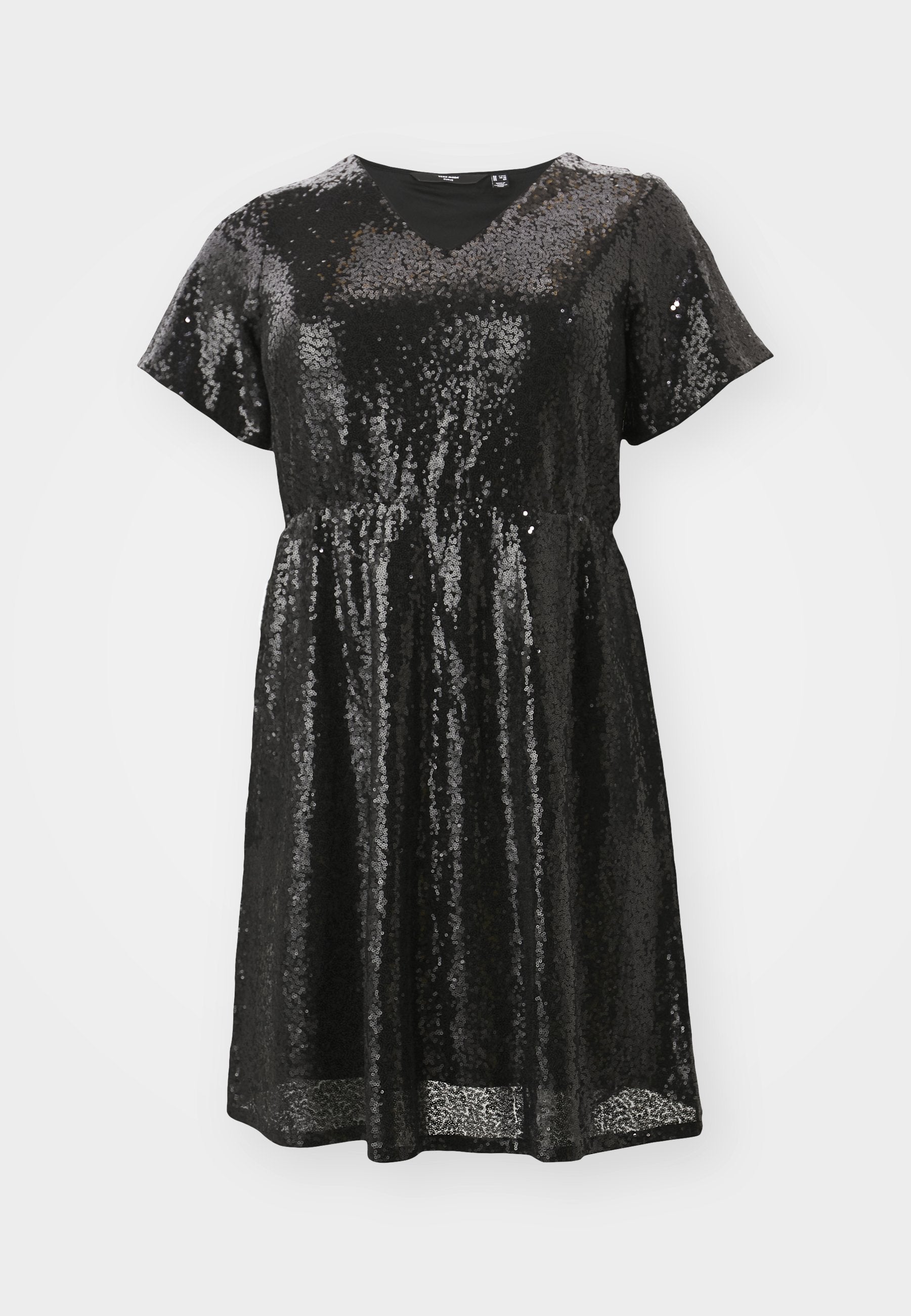 Schwarzes Paillettenkleid mit kurzen Ärmeln, V-Ausschnitt, taillierter Taille und lockerer Passform. Der glänzende Stoff erzeugt einen reflektierenden Effekt.