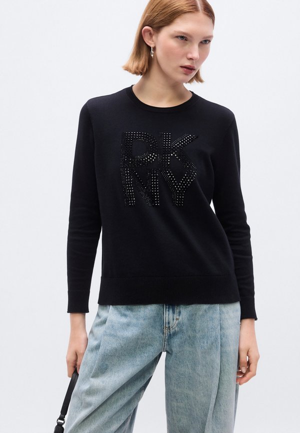 DKNY STACKED RHINESTONE EMBELLISHED LOGO LONG SLEEVE CREW NECK SWEATER