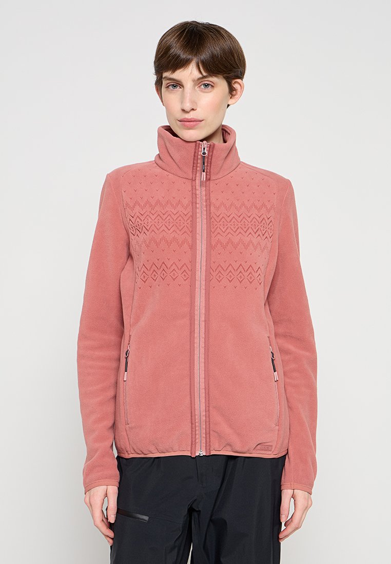 Rosa Fleecjacke mit hohem Kragen, die ein geometrisches Muster auf der Brust, Reißverschlusstaschen und eine weiche Textur aufweist.