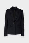 Schwarze maßgeschneiderte Blazerjacke mit einer Reversklappe, Einknopfverschluss und zwei vorderen Taschen. Glatter Stoff und strukturierte Silhouette.