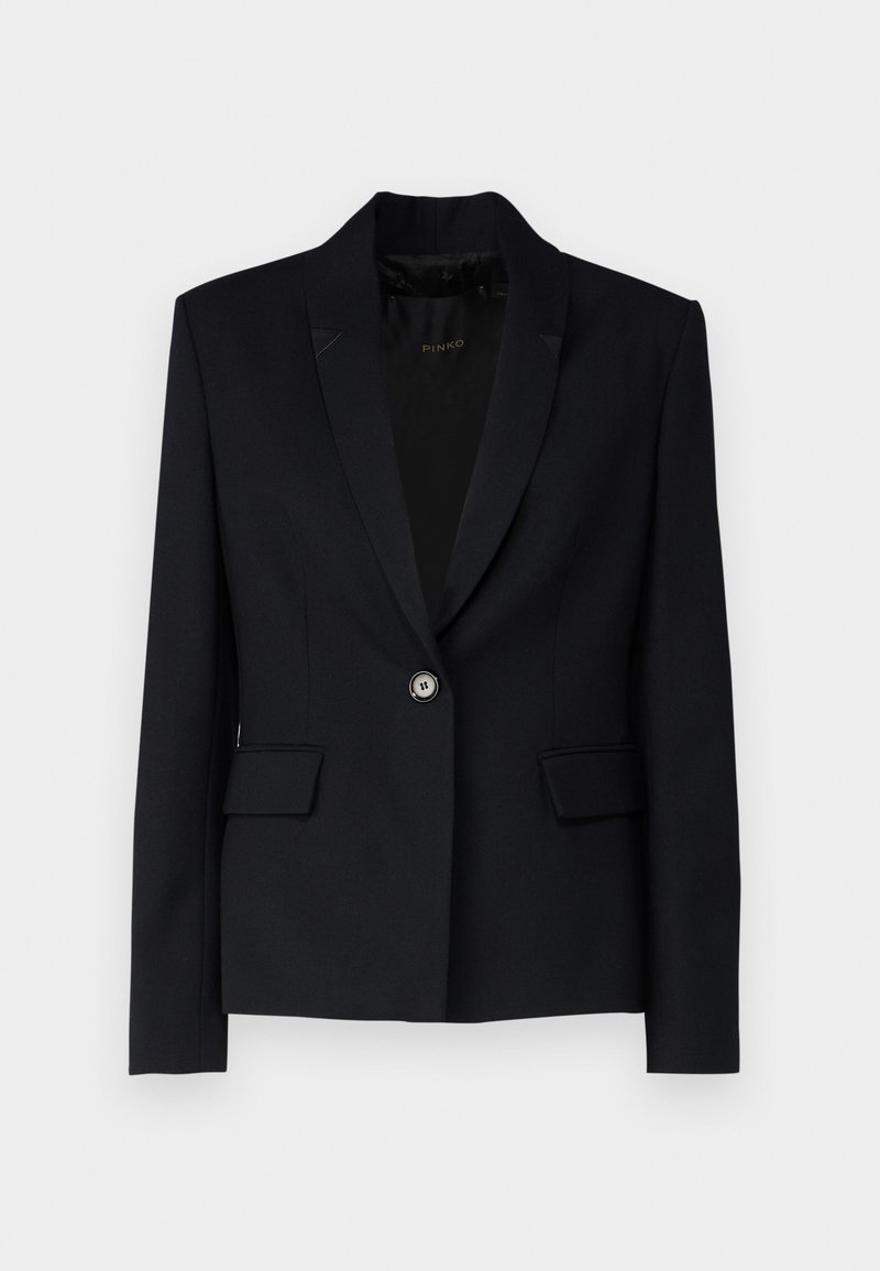 Schwarze maßgeschneiderte Blazerjacke mit einer Reversklappe, Einknopfverschluss und zwei vorderen Taschen. Glatter Stoff und strukturierte Silhouette.
