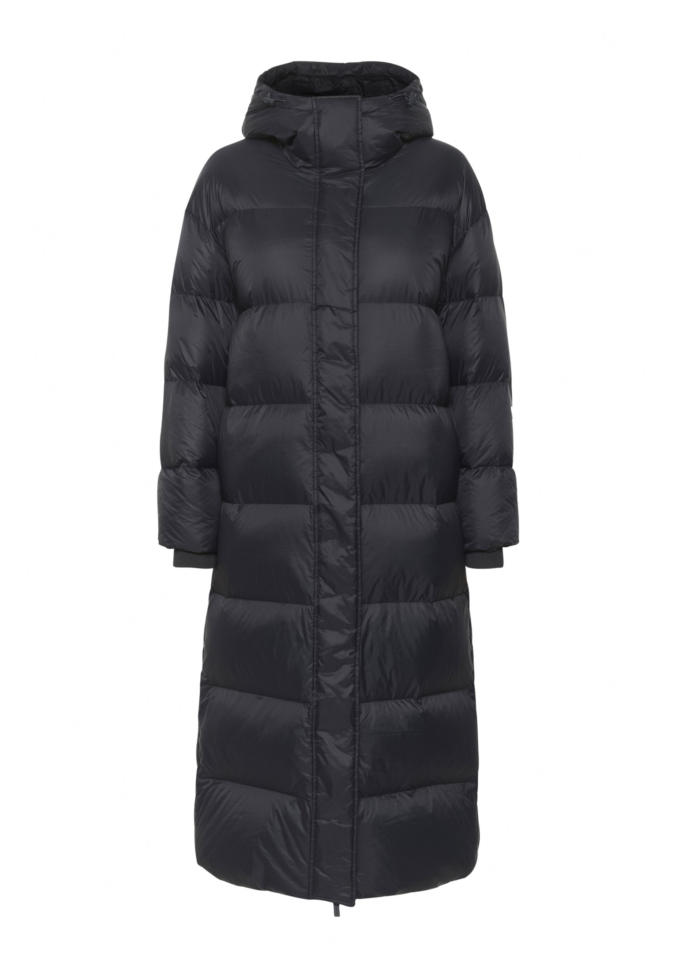 Langärmliger schwarzer Puffercoat mit Kapuze, der ein gestepptes, quilted Design und elastische Manschetten aufweist. Glatte, glänzende Textur und knielang.