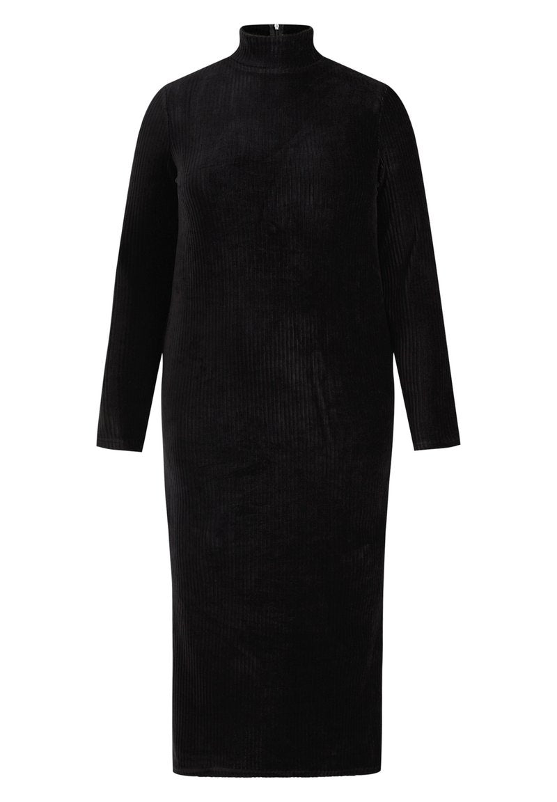 Schwarzes Corduroykleid mit hohem Hals, langen Ärmeln und gerader Silhouette. Sichtbare gerippte Textur und ein Reißverschluss auf der Rückseite.
