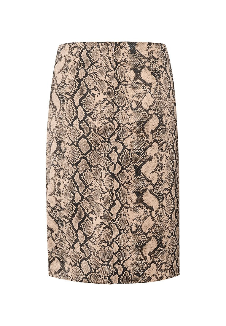 Bleistiftrock im Schlangenprint in Beige und Schwarz, mit taillierter Passform, glatter Textur und knielanger Schnitt mit einem Schlitz hinten.