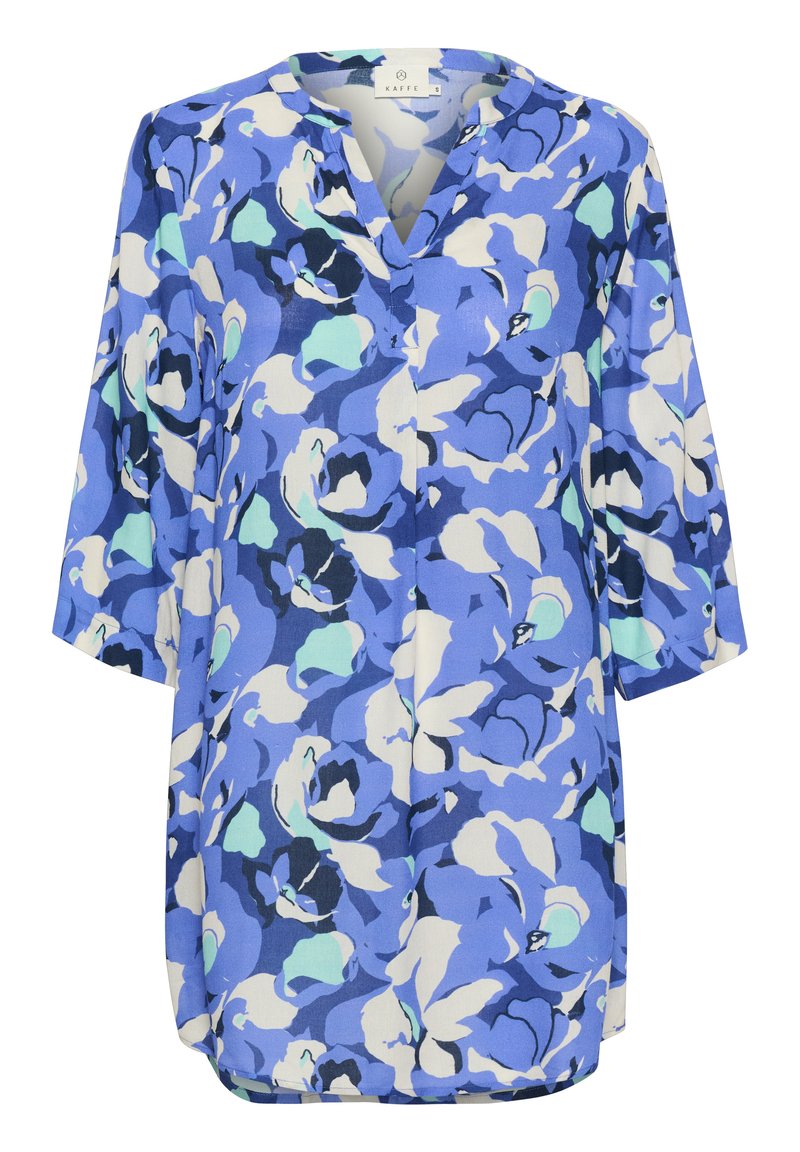 Blumen-Tunika mit Dreiviertelärmeln, in Blau- und Grüntönen auf leichtem Stoff. Auffälliges V-Ausschnitt-Design und lockere Passform.