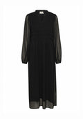 Schwarzes Langarmkleid mit einem gerafften Oberteil und V-Ausschnitt. Der fließende, leichte Stoff schafft eine sanfte Silhouette, mit durchsichtigen Ärmeln.