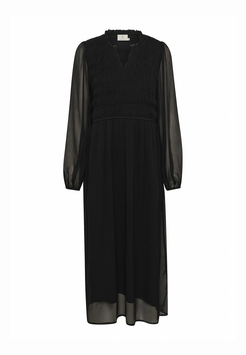 Schwarzes Langarmkleid mit einem gerafften Oberteil und V-Ausschnitt. Der fließende, leichte Stoff schafft eine sanfte Silhouette, mit durchsichtigen Ärmeln.