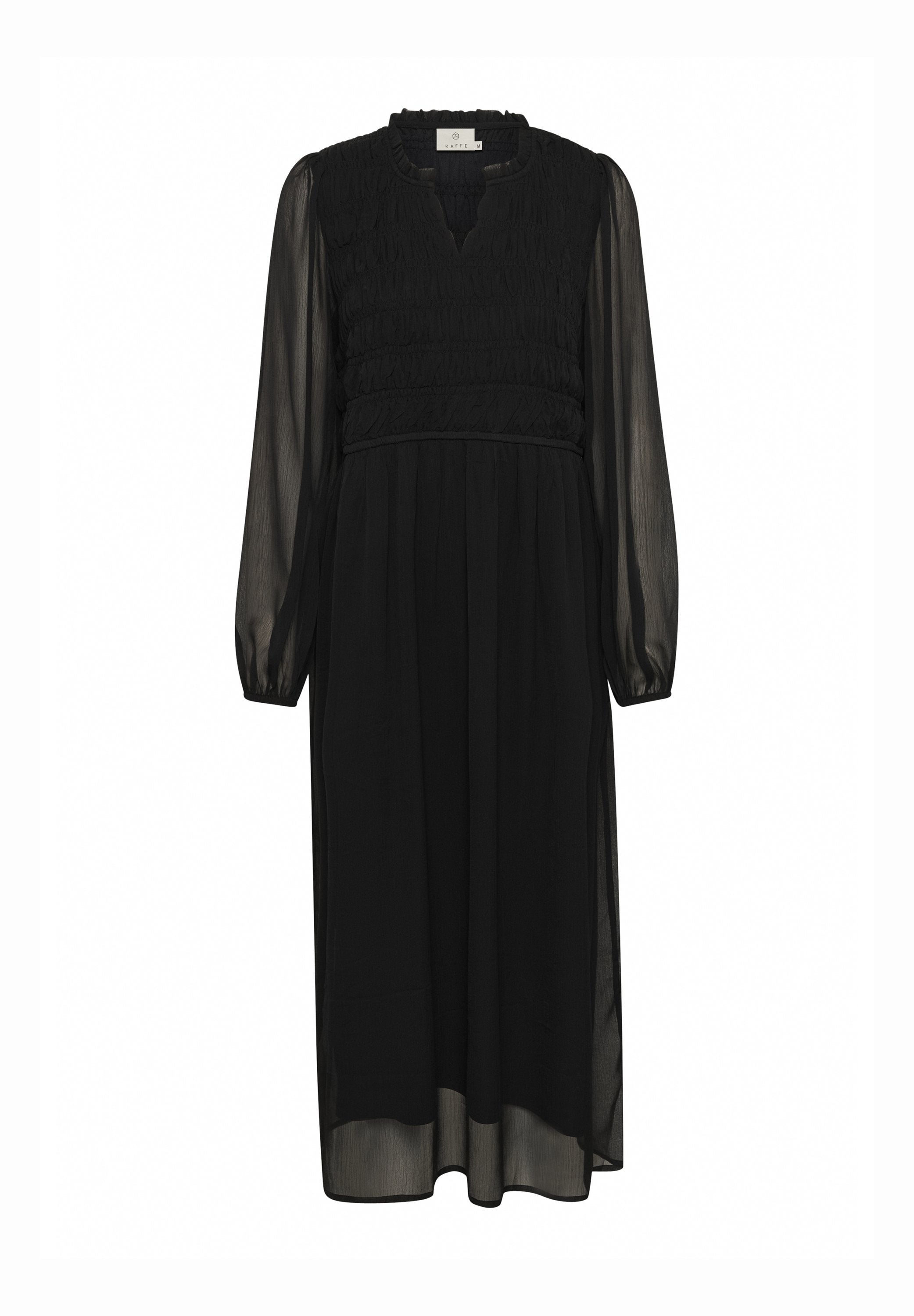 Schwarzes Langarmkleid mit einem gerafften Oberteil und V-Ausschnitt. Der fließende, leichte Stoff schafft eine sanfte Silhouette, mit durchsichtigen Ärmeln.