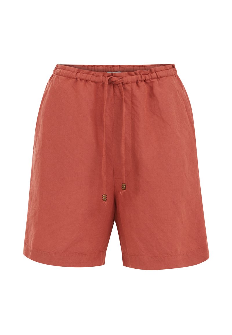 Rustfarbene Baumwollshorts mit elastischem Bund und Kordelzug. Verfügt über eine lässige Passform und glatte Textur. Keine sichtbaren Taschen.