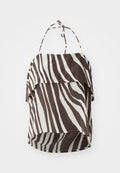 Braun- und cremefarbenes Off-Shoulder-Oberteil mit Zebrastreifenmuster, aus leichtem Stoff gefertigt, mit verstellbaren Bindegurten und ausgestellt geschnittenem Saum.
