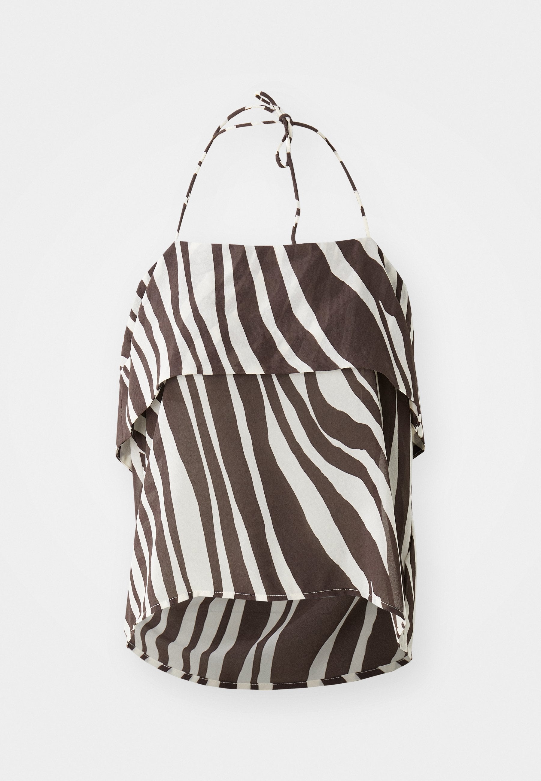 Braun- und cremefarbenes Off-Shoulder-Oberteil mit Zebrastreifenmuster, aus leichtem Stoff gefertigt, mit verstellbaren Bindegurten und ausgestellt geschnittenem Saum.