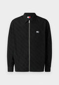 Schwarze Zip-up-Jacke mit strukturiertem Muster. Verfügt über einen Kragen und ein kleines Logopatch auf der linken Brust. Lange Ärmel mit geradem Schnitt.