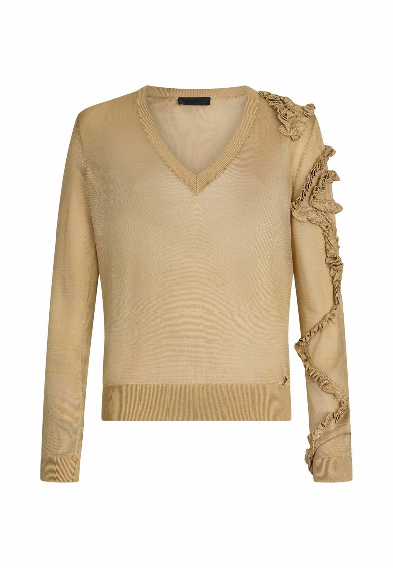 Beiger V-Ausschnitt-Pullover mit strukturierter Oberfläche und Rüschendetail am linken Ärmel. Lange Ärmel und ein gerippter Saum runden das Design ab.