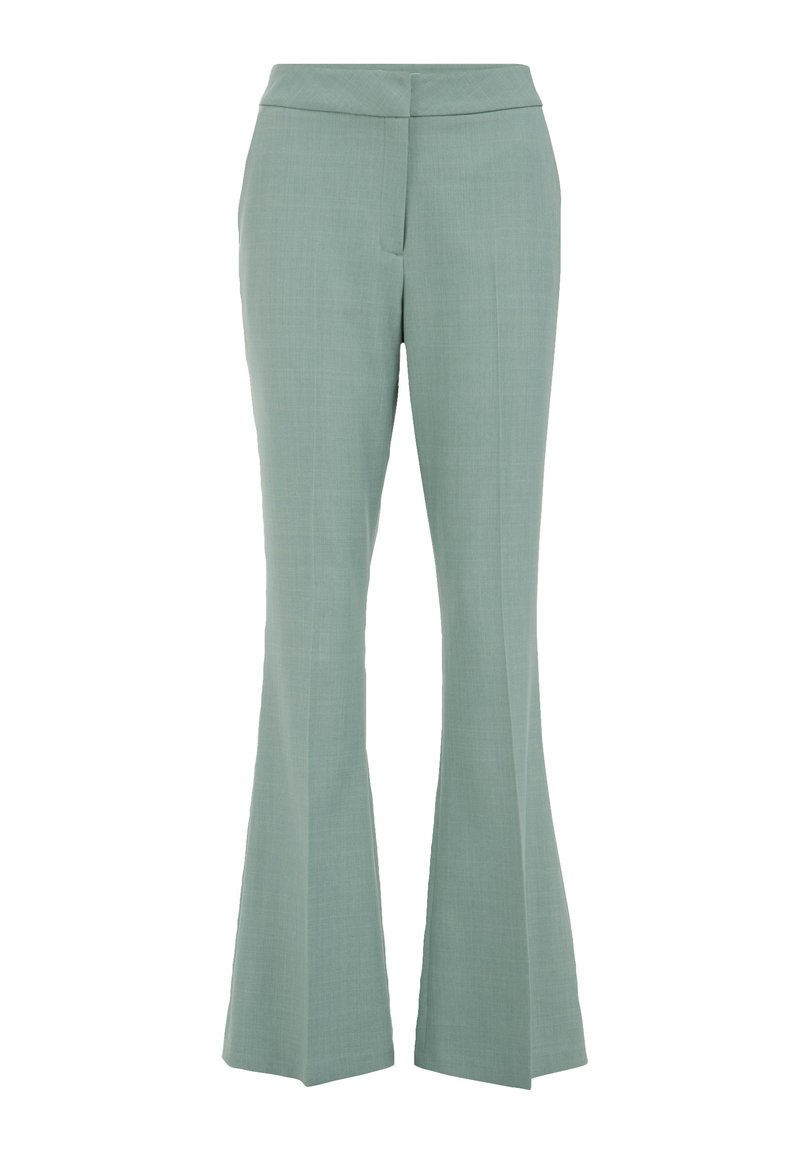 Hellgrüne, ausgestellte Hose aus einem glatten Material mit tailliertem Schnitt und hoher Taille. Verfügt über zwei Fronttaschen und ein cleanes, minimalistisches Design.