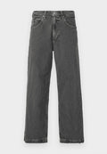 Graue Denim-Jeans mit geradem Schnitt, fünf Taschen und Knopfverschluss. Mit subtilen Verwaschungen und einer leicht abgenutzten Textur.