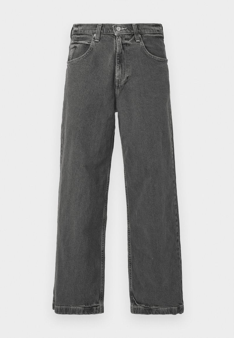 Graue Denim-Jeans mit geradem Schnitt, fünf Taschen und Knopfverschluss. Mit subtilen Verwaschungen und einer leicht abgenutzten Textur.