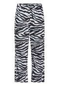 Schwarz-weiße Zebra-Print-Hosen mit elastischem Bund, weitem Bein und einem leichten, strukturierten Stoff.