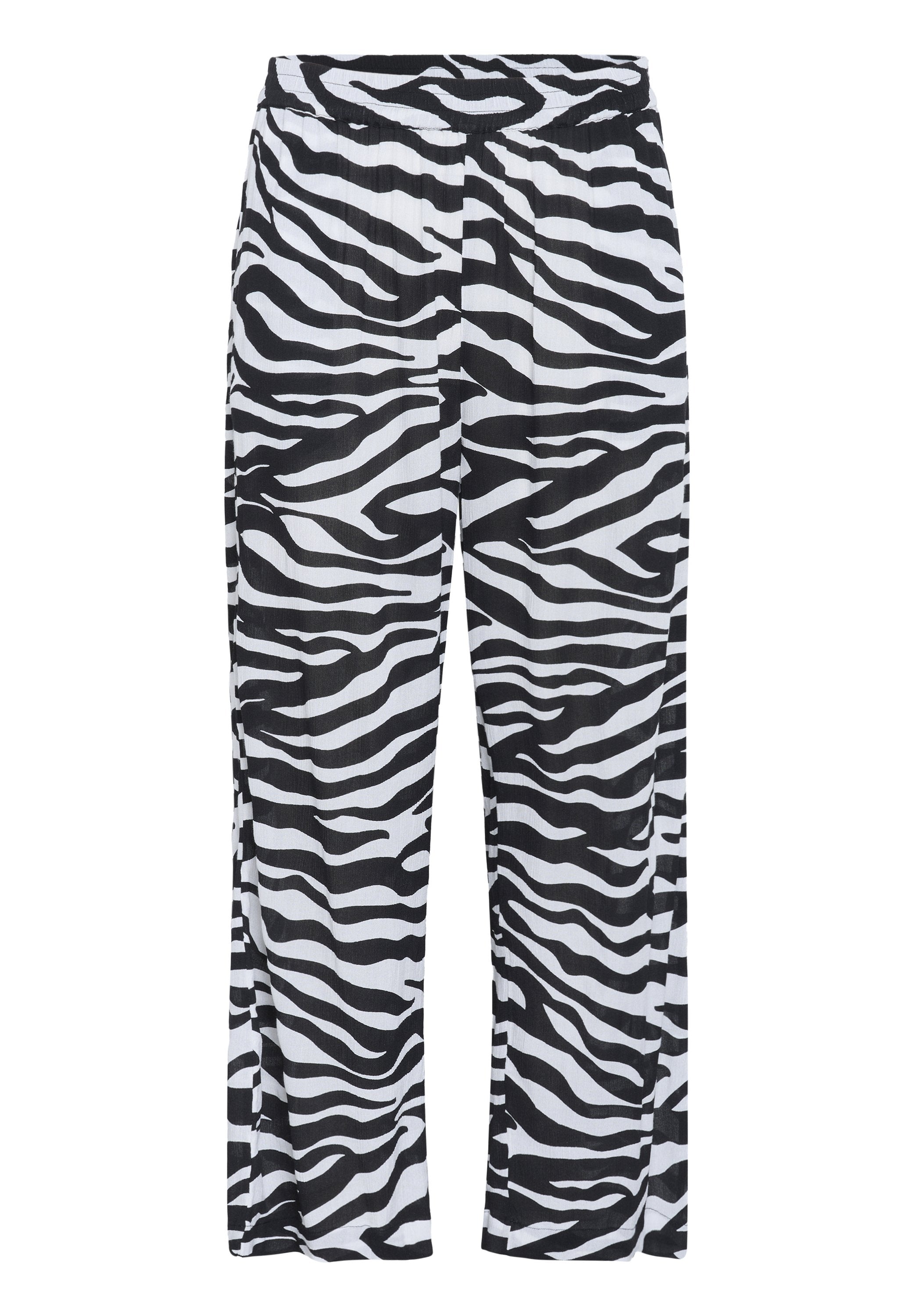 Schwarz-weiße Zebra-Print-Hosen mit elastischem Bund, weitem Bein und einem leichten, strukturierten Stoff.