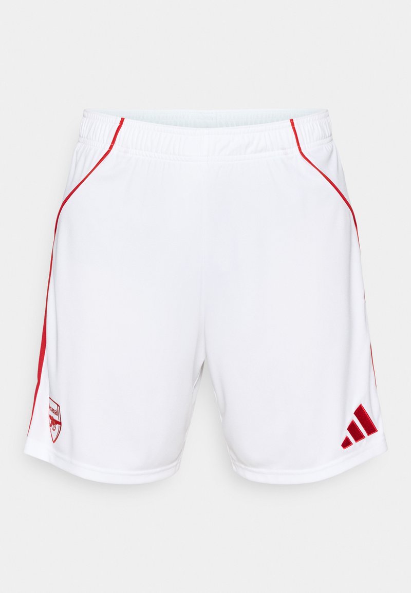 Weiße Sportshorts mit roten seitlichen Akzenten, elastischem Bund, versehen mit einem gestickten Teamlogo und dem Adidas-Logo am Saum.