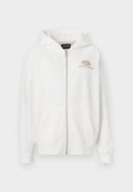 Weiße Zip-Hoodie aus weicher Baumwolle, mit einem Front-Logo "EVERYDAY AMBITION" in hellbraun. Mit Kängurutaschen und gerippten Bündchen.