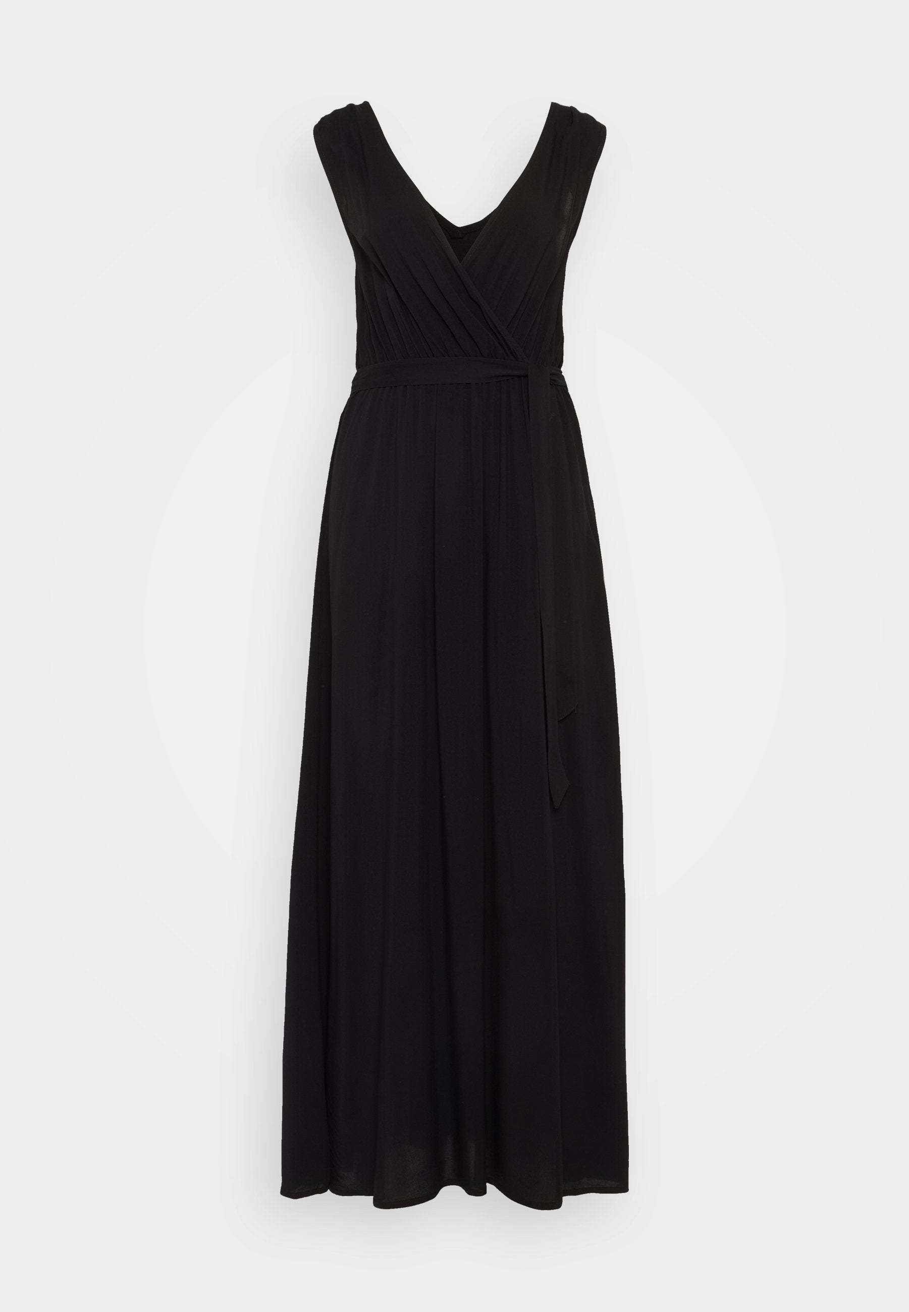 Schwarzes Maxikleid mit V-Ausschnitt und ärmellosem Design. Verfügt über einen Wickelstil und eine gebundene Taille, hergestellt aus einem glatten, fließenden Stoff.