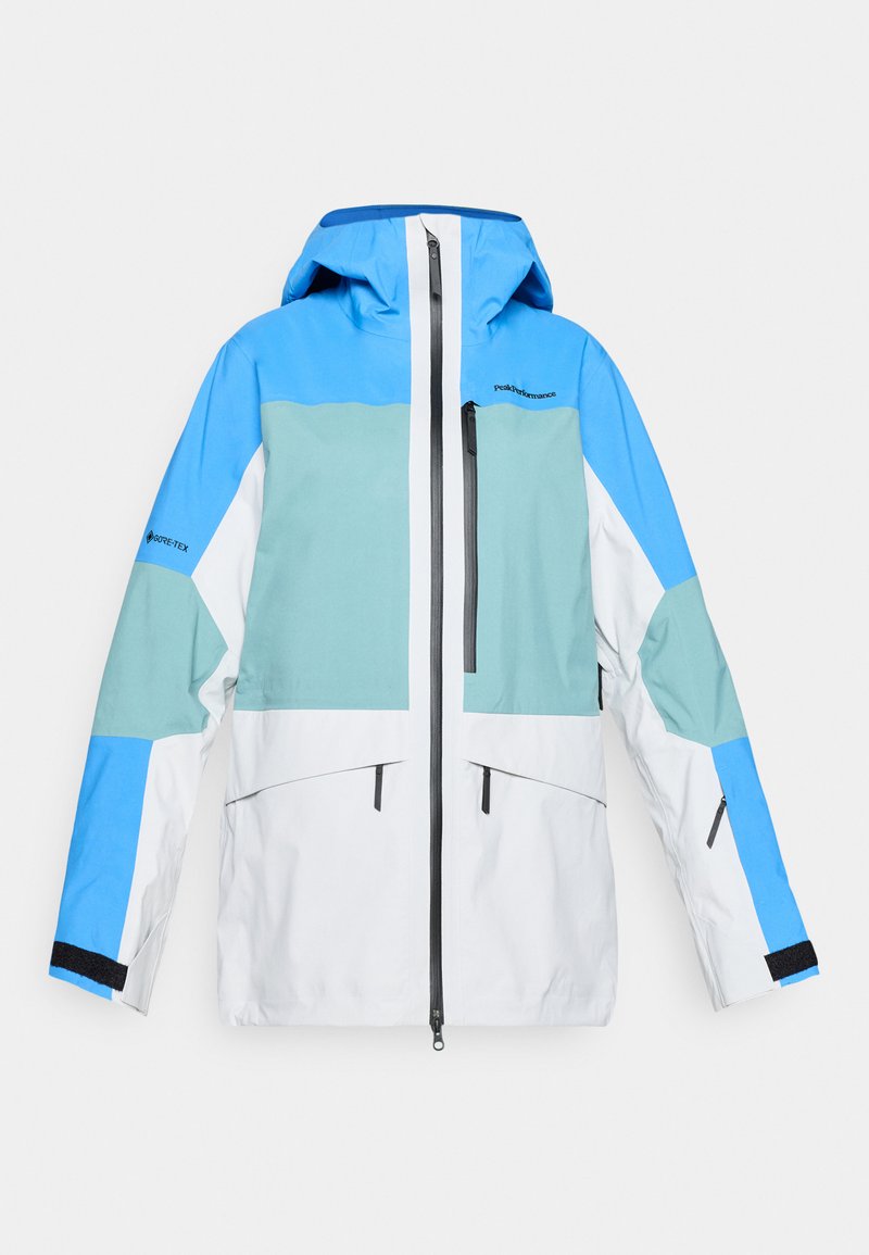 Farbenblockierte Jacke mit blauen, grünen und weißen Paneelen. Hergestellt aus GORE-TEX-Material, mit Reißverschlusstaschen und einstellbarem Kapuze.