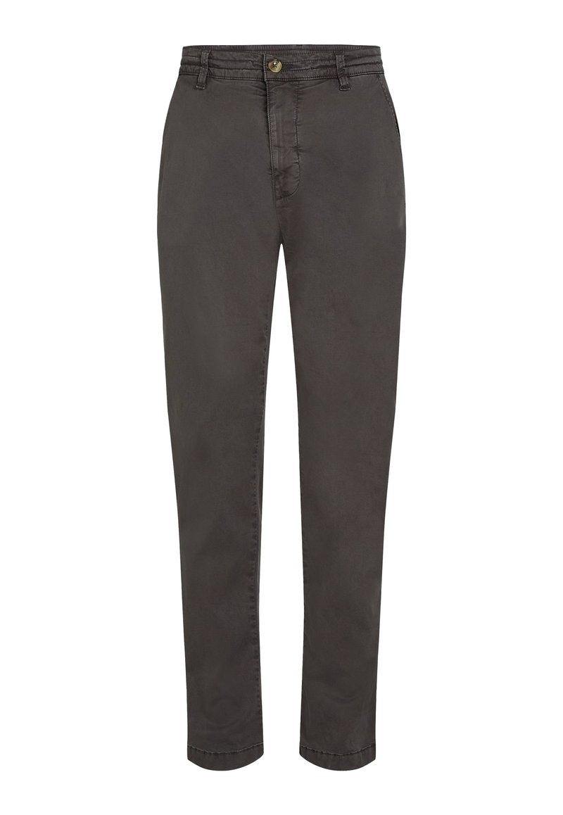 Grau Baumwollhosen mit geradem Schnitt, Gürtelschlaufen, Fronttaschen und einem einzelnen Knopfverschluss an der Taille. Glatte Textur und maßgeschneidertes Design.