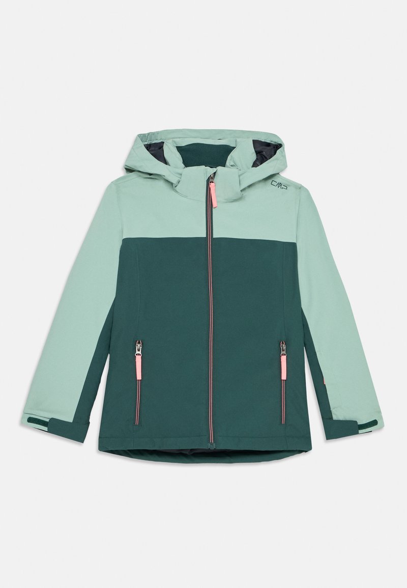 Hoodie-Jacke mit einem Farbblockdesign; hellgrüner und dunkeltürkisfarbener Stoff, zwei Frontzipp-Taschen und einem pinken Zipper-Akzent.