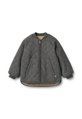 Gesteppte graue Jacke mit Reißverschluss vorne, gerippten Bündchen und weichem beigen Futter. Verfügt über zwei Fronttaschen und einen abgerundeten Saum.