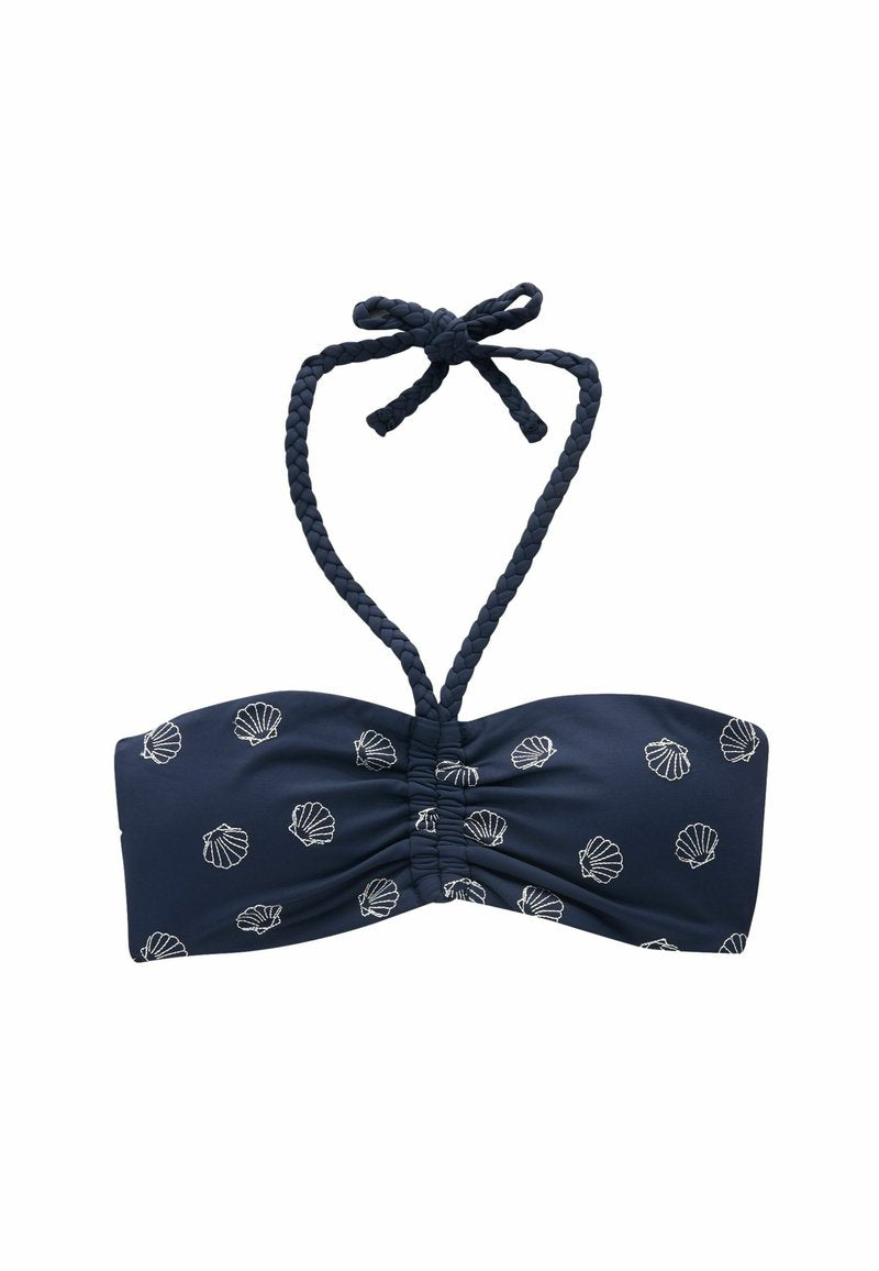 Navy-blauer Bikini-Oberteil mit geflochtenem Nackenband, gerafftem Mittelpunkt und einem Muschel-Muster in Weiß. Glattes Material mit einem eleganten Design.