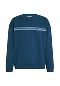 Dunkelblauer Sweatshirt mit Rundhalsausschnitt aus Baumwollmischung, mit hellblauen horizontalen Streifen und einem Logo auf der Brust. Gerippte Bündchen und Saum.