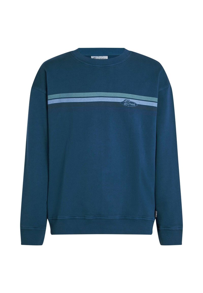 Dunkelblauer Sweatshirt mit Rundhalsausschnitt aus Baumwollmischung, mit hellblauen horizontalen Streifen und einem Logo auf der Brust. Gerippte Bündchen und Saum.