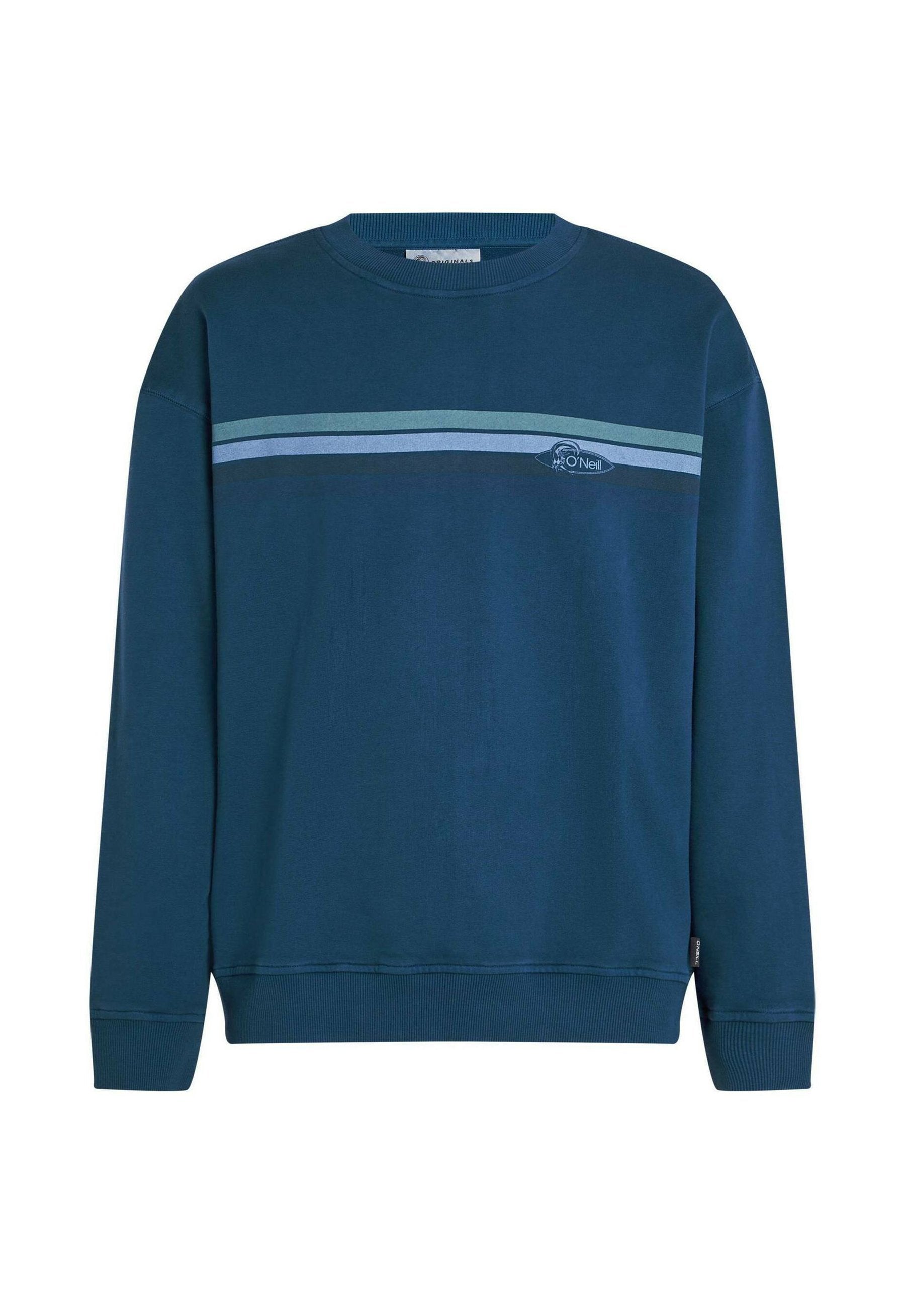 Dunkelblauer Sweatshirt mit Rundhalsausschnitt aus Baumwollmischung, mit hellblauen horizontalen Streifen und einem Logo auf der Brust. Gerippte Bündchen und Saum.