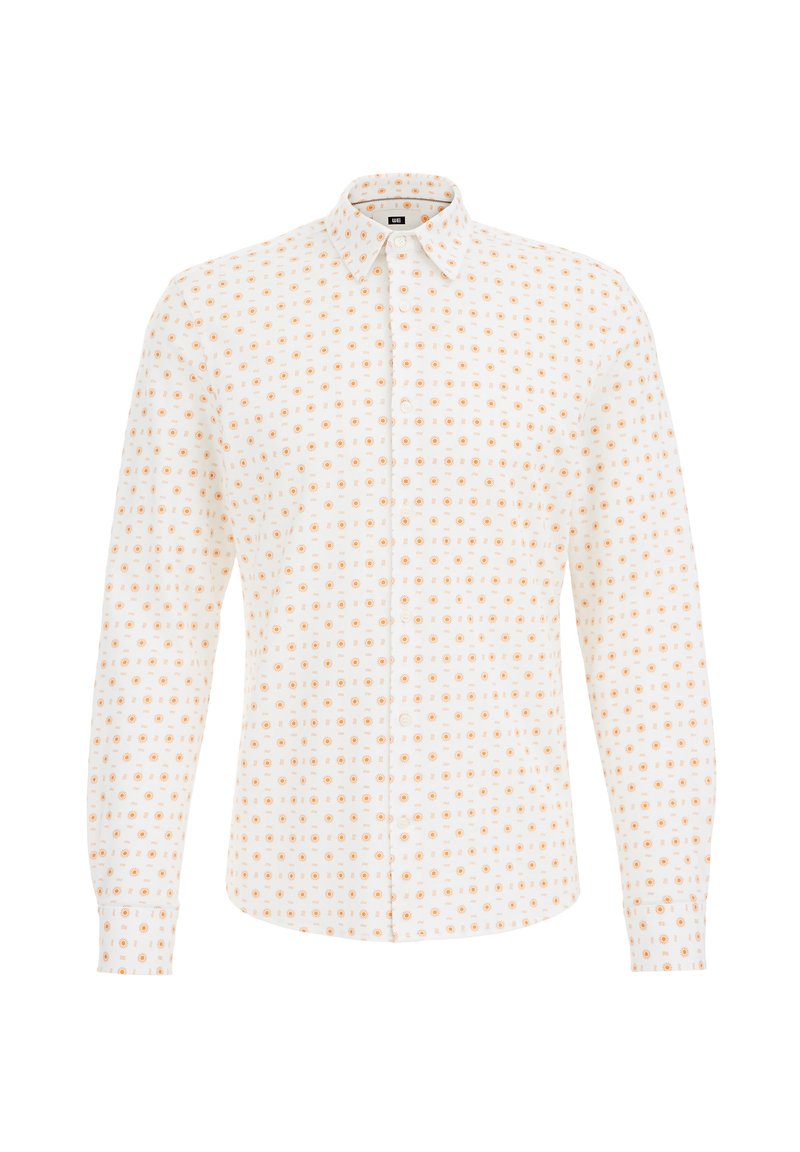Weißes button-down Hemd mit kleinem orangefarbenen Blumenmuster, langen Ärmeln und Kragen. Hergestellt aus leichtem Baumwollstoff.