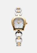 Goldene und silberne Aigner-Armbanduhr mit hufeisenförmigem Gehäuse, weißem Zifferblatt und Gliederarmband aus Metall.
