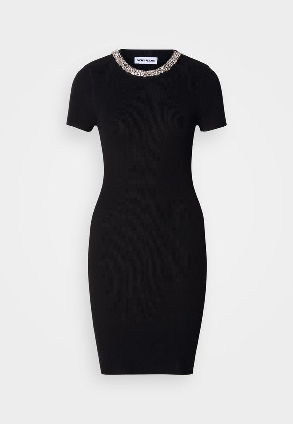 DKNY SHORT SLEEVE CREWNECK SHORT DRESS EMBELLISHED RHINESTONES AT NECKLINE