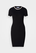 SHORT SLEEVE CREWNECK SHORT DRESS EMBELLISHED RHINESTONES AT NECKLINE Media 1