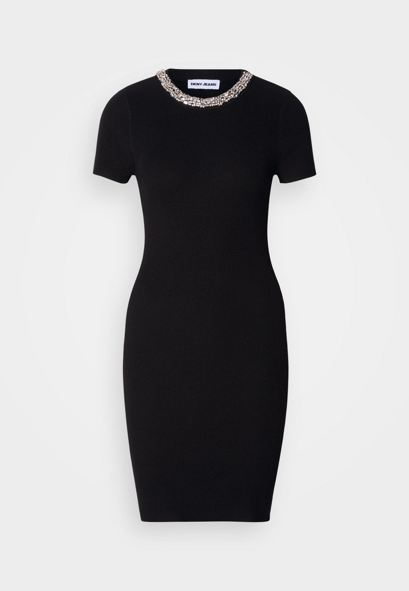 SHORT SLEEVE CREWNECK SHORT DRESS EMBELLISHED RHINESTONES AT NECKLINE Media 1