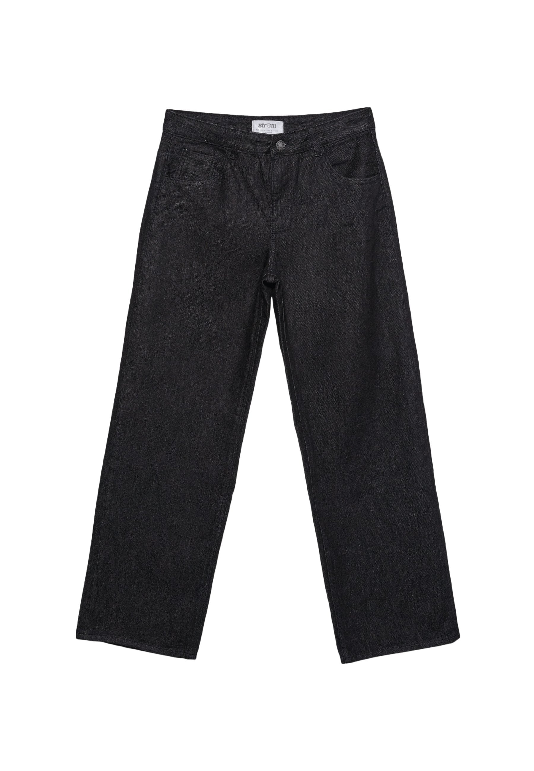 Schwarze gerade geschnittene Jeans aus Denim mit Fronttaschen, Gürtelschlaufen und einem Knopfverschluss an der Taille.