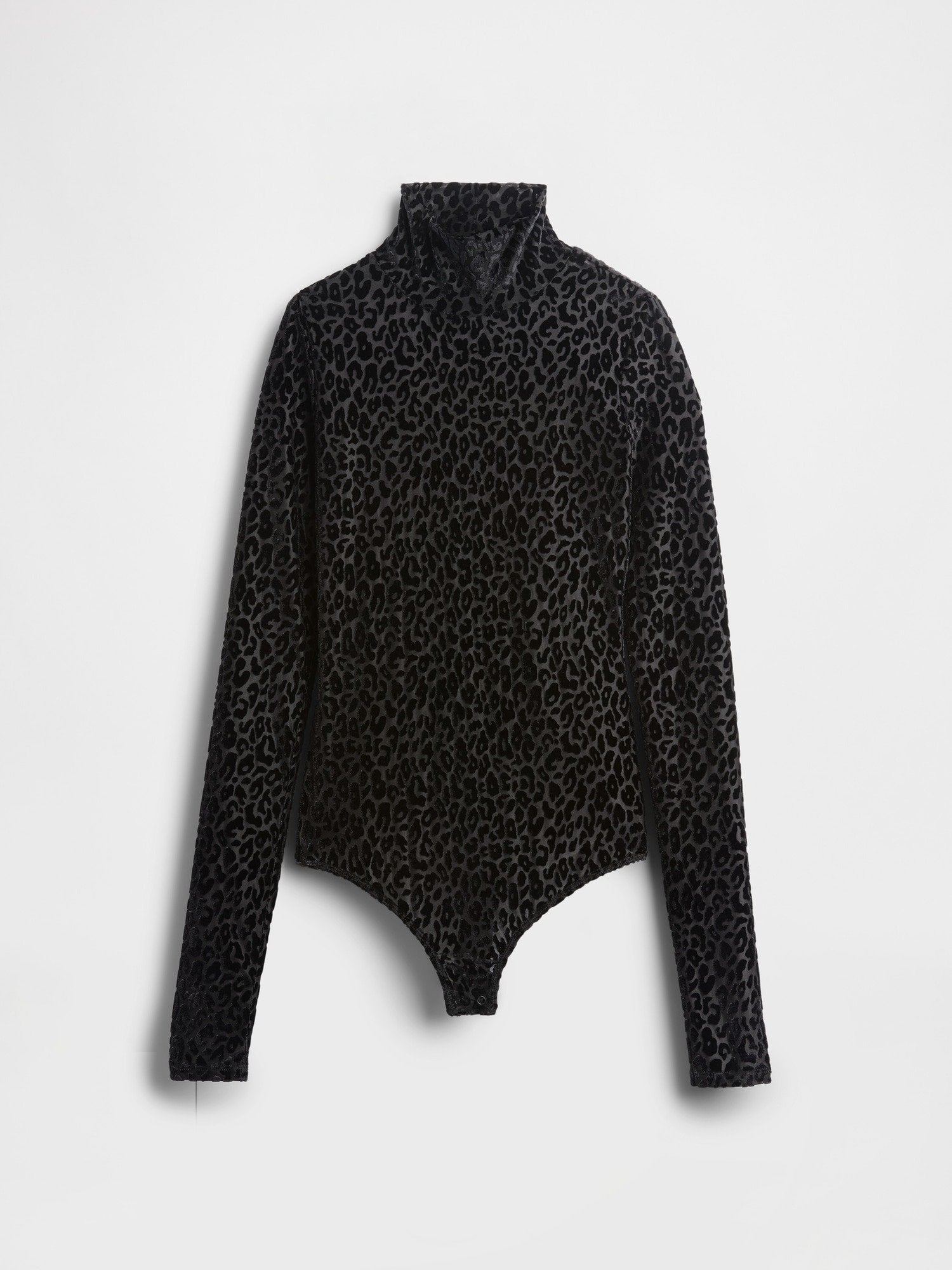 Schwarzer Leoparden-Print Langarm-Body aus weichem Samtstoff, mit Stehkragen und figurbetonter Silhouette mit String-Slip.