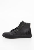 Schwarzer High-Top-Sneaker aus glattem Leder. Verfügt über einen seitlichen Reißverschluss, Schnürsenkel und einen strukturierten schwarzen Glitzerakzent an der Ferse.