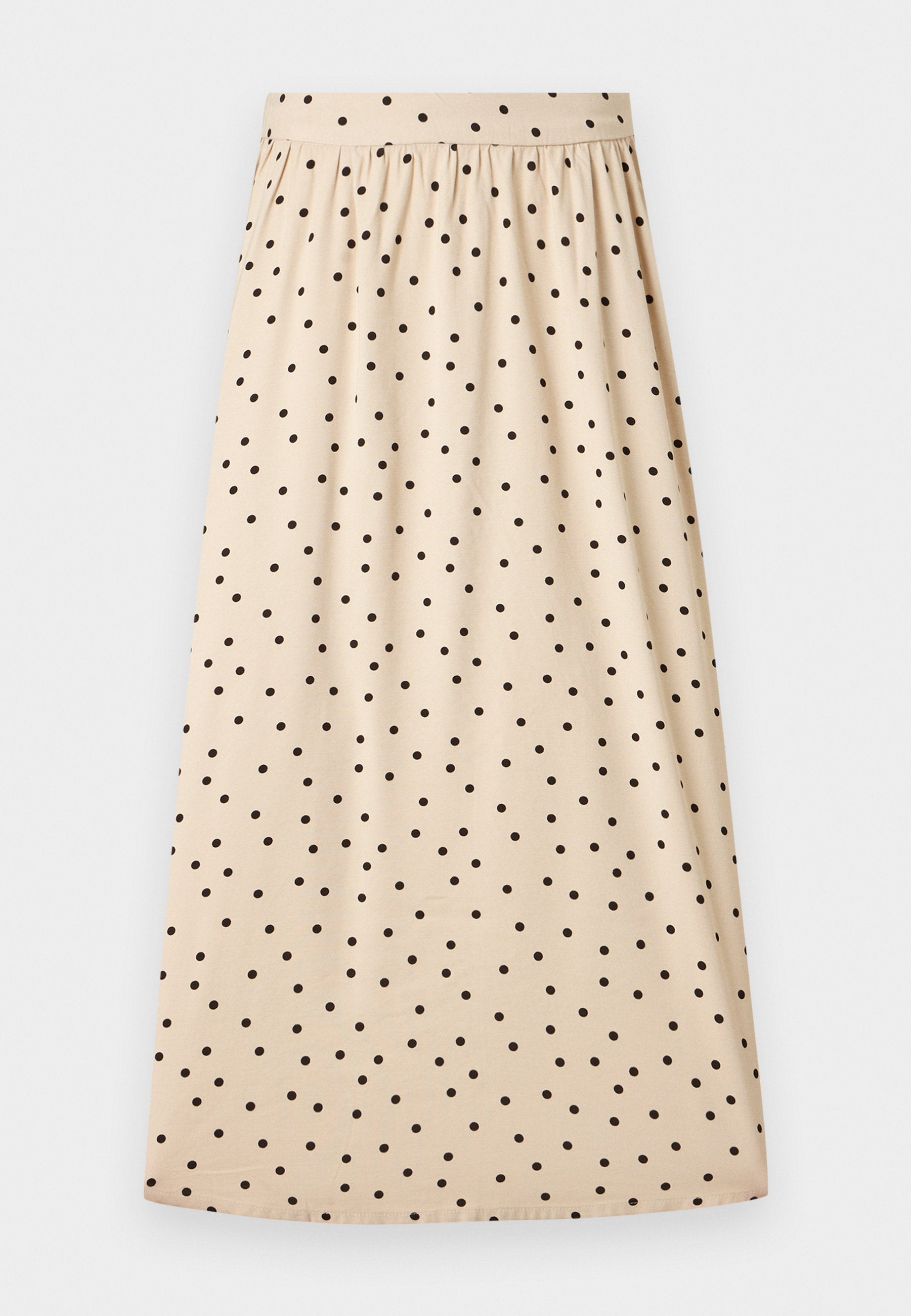 Beiger Midirock mit schwarzen Polka-Dots, gerafftem Bund und A-Linien-Silhouette auf einfachem Hintergrund.
