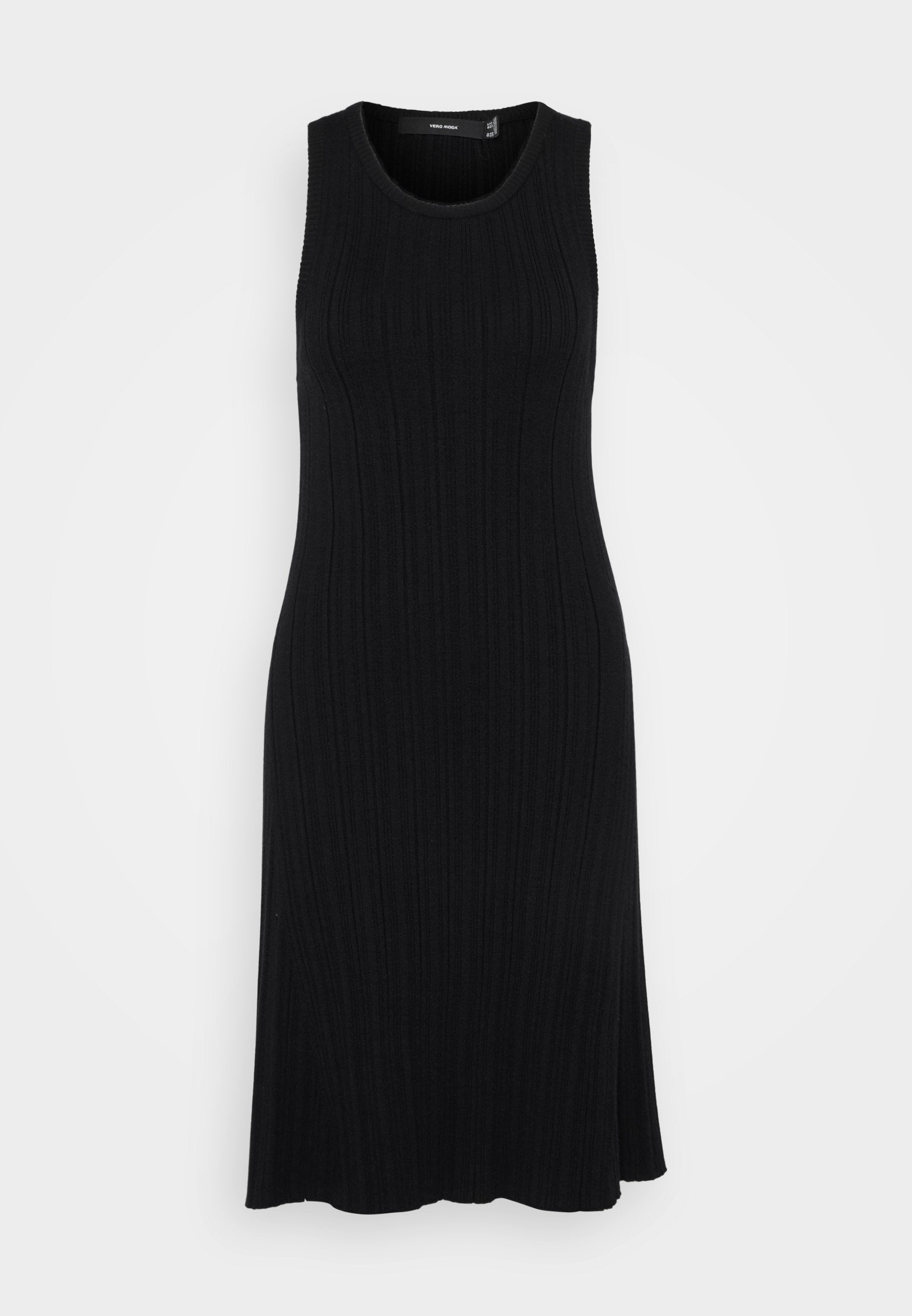 Schwarzes, geripptes ärmelloses Kleid mit rundem Halsausschnitt, tailliertem Schnitt und ausgestelltem Saum, aus einem weichen, dehnbaren Stoff gefertigt.