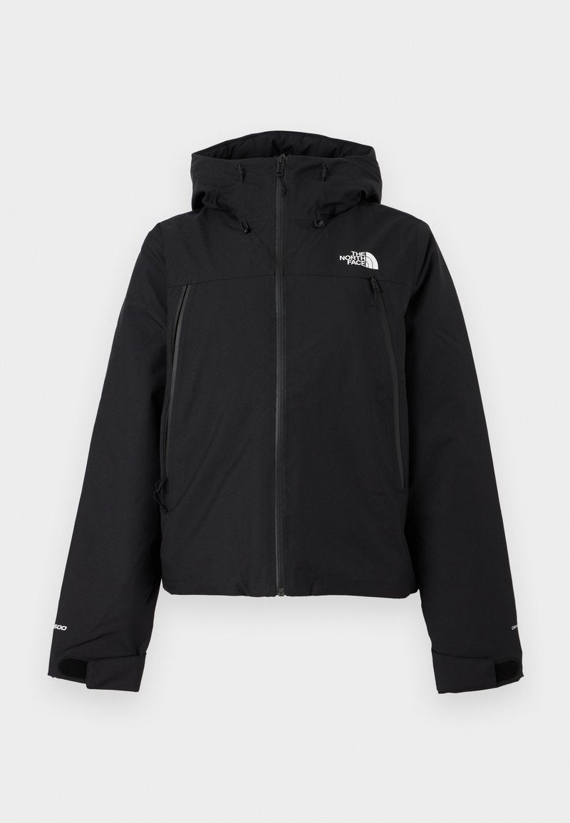Schwarze isolierte Jacke mit Kapuze, mit einem Reißverschluss vorne und zwei Seitentaschen. Enthält ein Logo auf der linken Brust und elastische Bündchen.