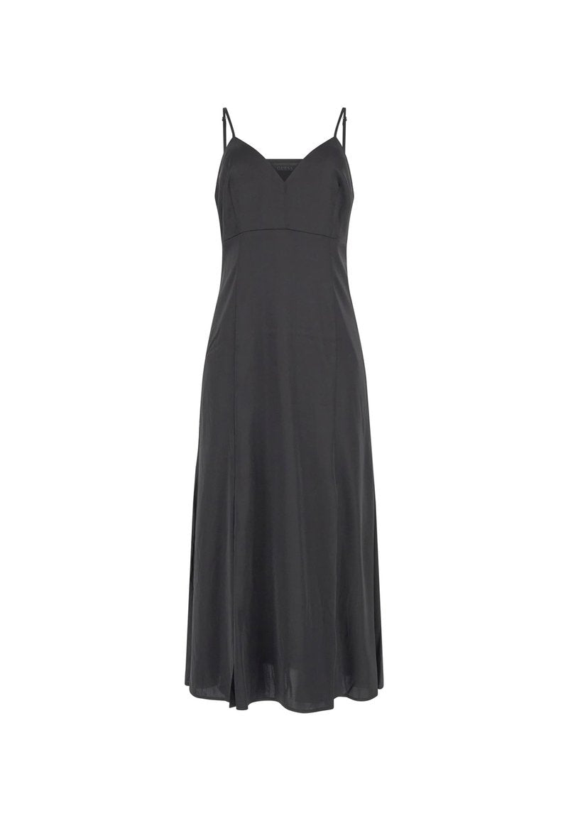 Schwarzes Midikleid mit Spaghetti-Trägern, tailliertem Oberteil, fließendem Rock und einer glatten, seidigen Textur. Verfügt über einen V-Ausschnitt und einen Seitenschlitz.