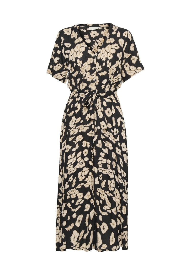 Schwarzes Blumenmuster-Kleid mit V-Ausschnitt, kurzen Ärmeln und Taillenkordel. Hergestellt aus leichtem Stoff mit beigen abstrakten Mustern.