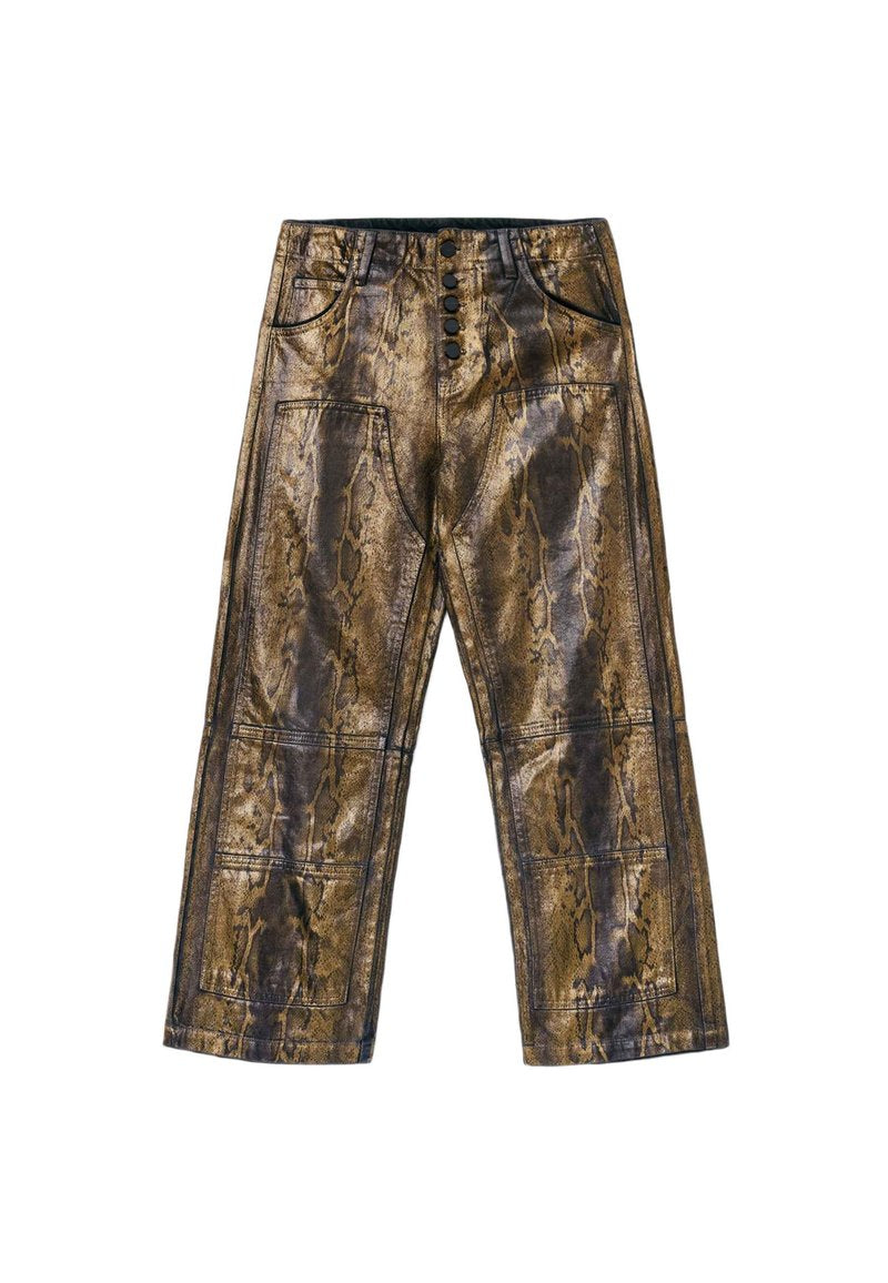 Schlange-Muster-Hosen in Braun- und Goldtönen, mit hoher Taille, Knopfverschluss und Fünf-Taschen-Design mit sichtbaren Nähten.